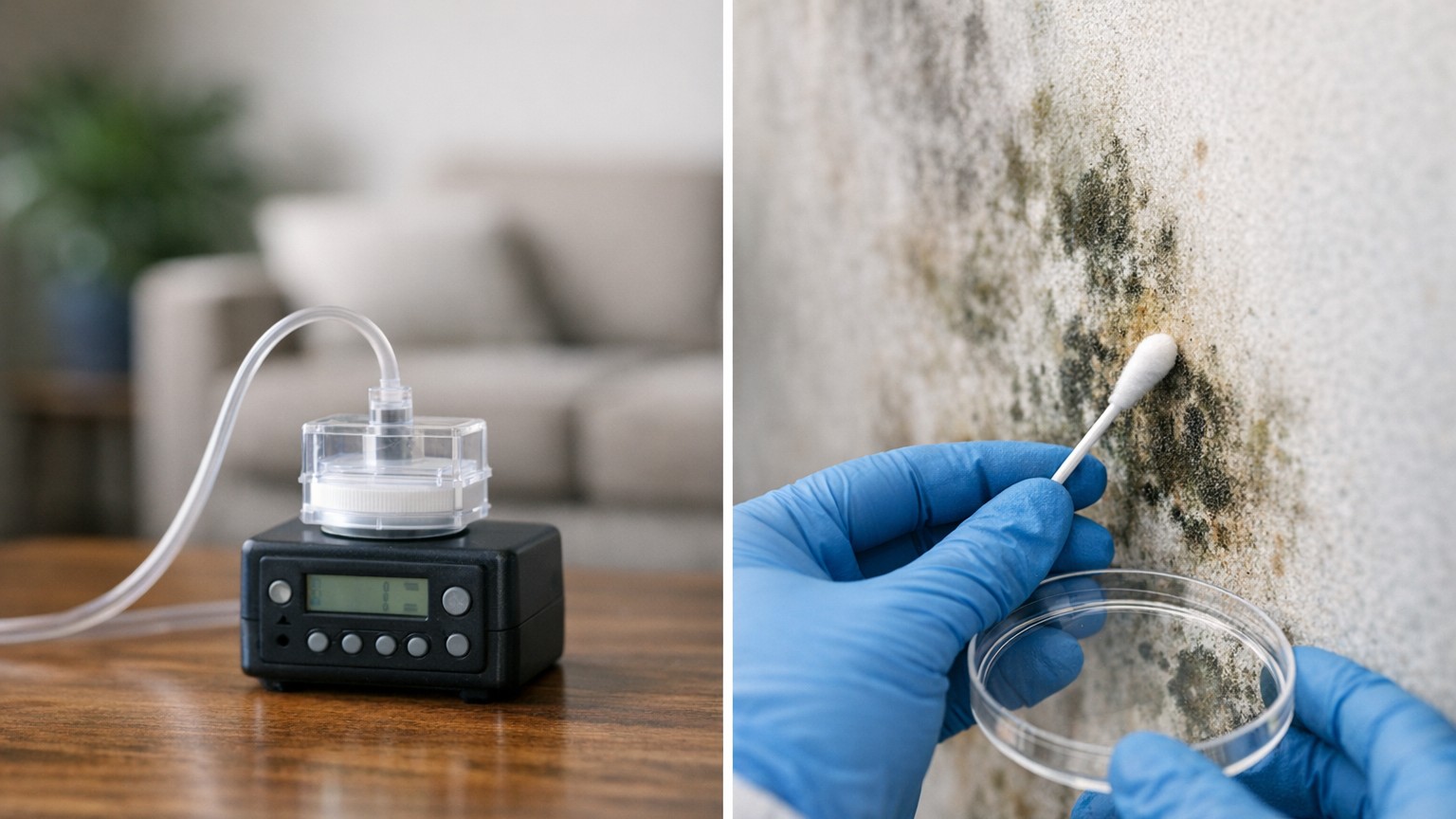 Side by side comparison of air sampling and surface sampling for mold