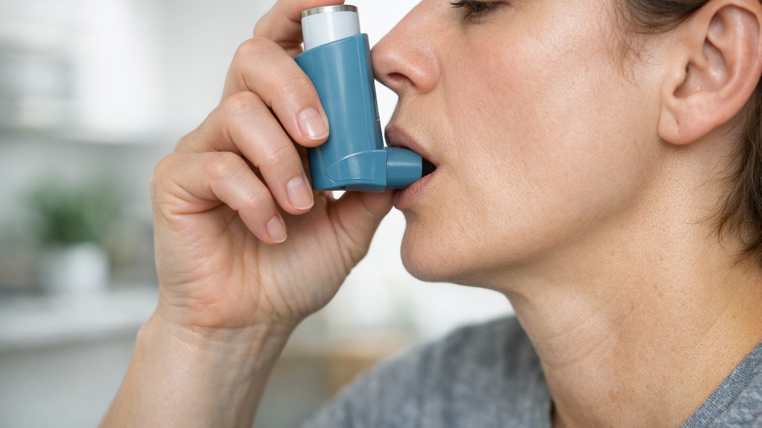 Person using an asthma inhaler