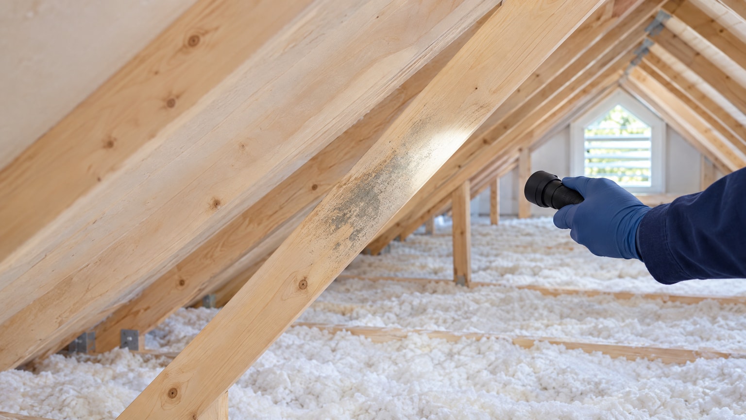 Attic with moisture and mold growth