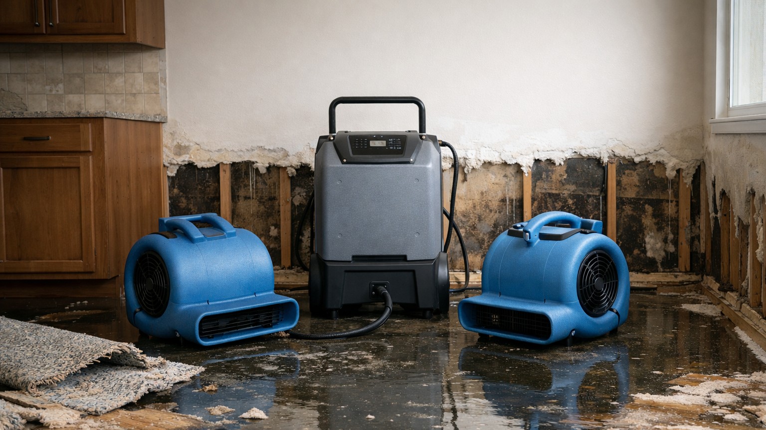 Water damage from burst pipe flooding a room