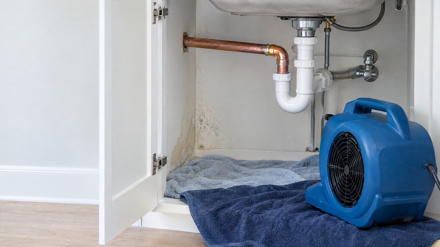 Water damage from burst pipe flooding a room