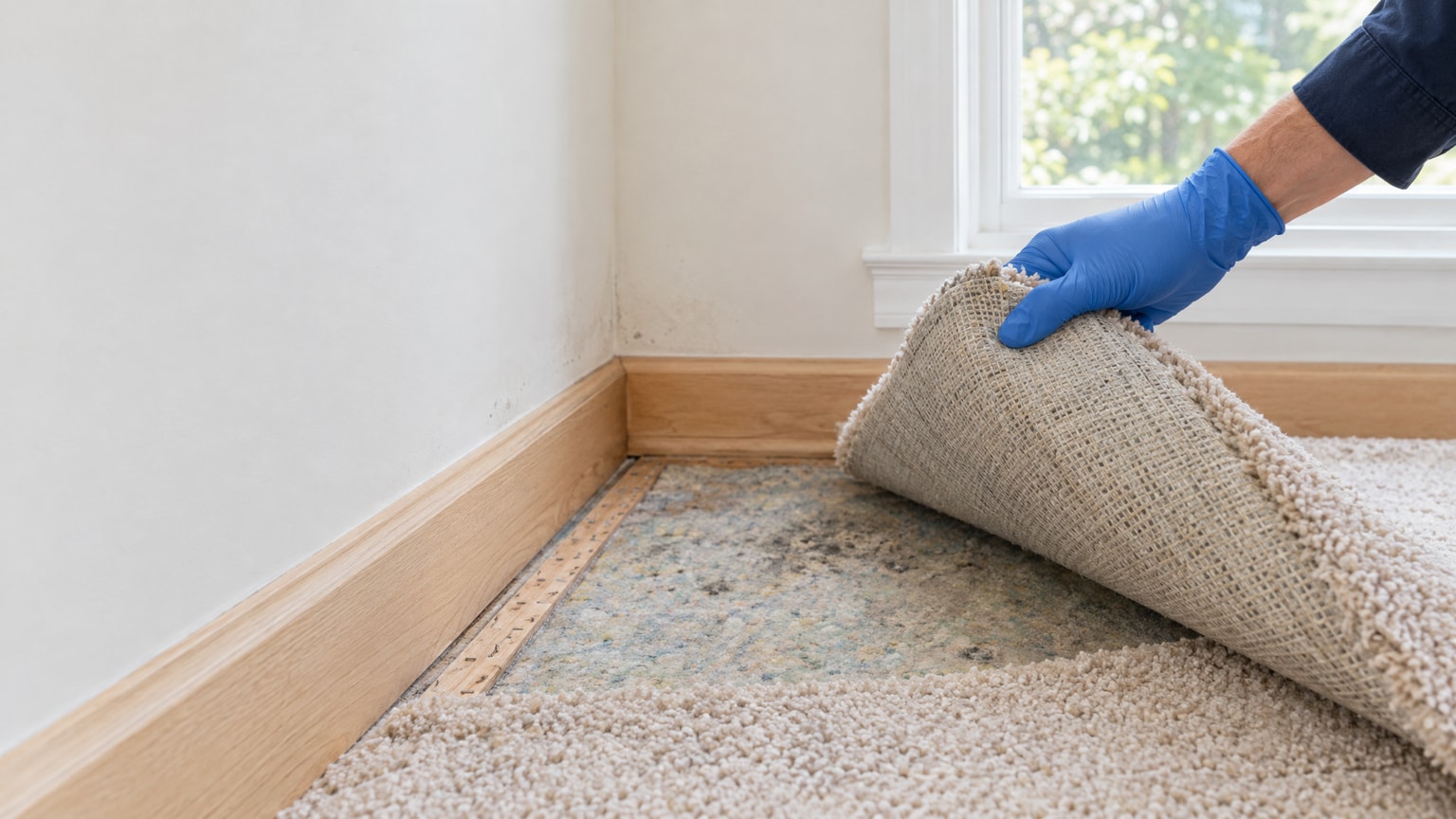 Moldy carpet being assessed for removal and replacement