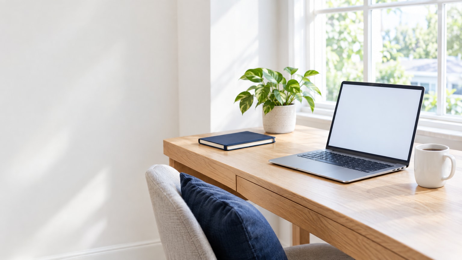 A home office desk with a laptop, a notebook and a coffee mug