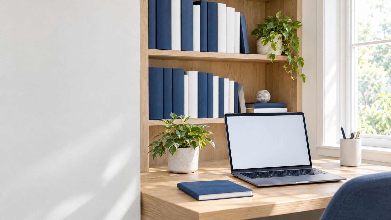 Reference books on a shelf beside a desk with a laptop