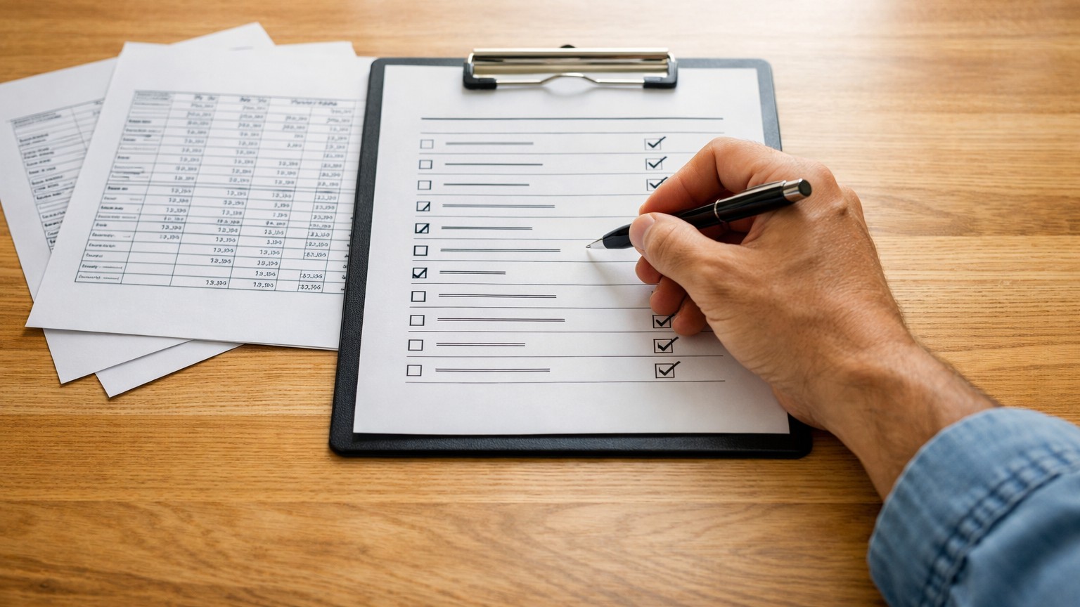 A homeowner’s hand ticking boxes on a printed remediation checklist with a black pen, three contractor estimate sheets fanned out beside it on a bright wooden desk