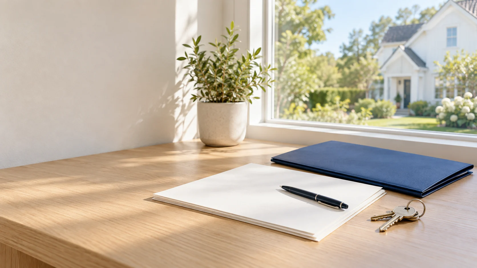 Blank planning papers, a navy folder, and house keys beside a sunlit window