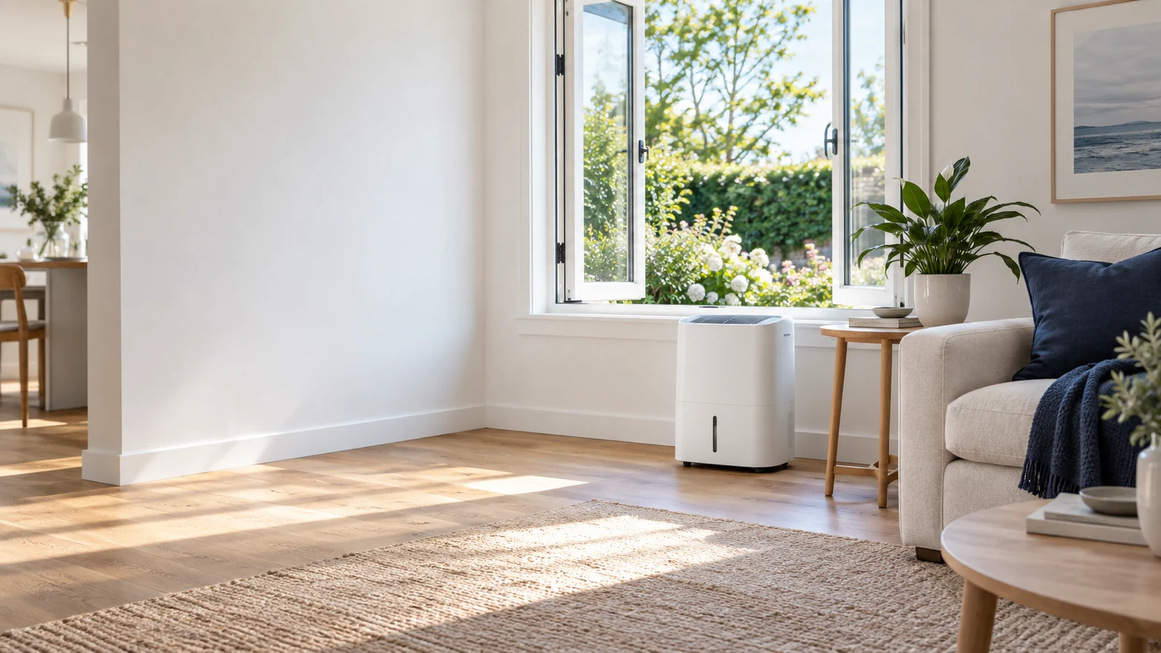 An airy living room with an open window and a dehumidifier