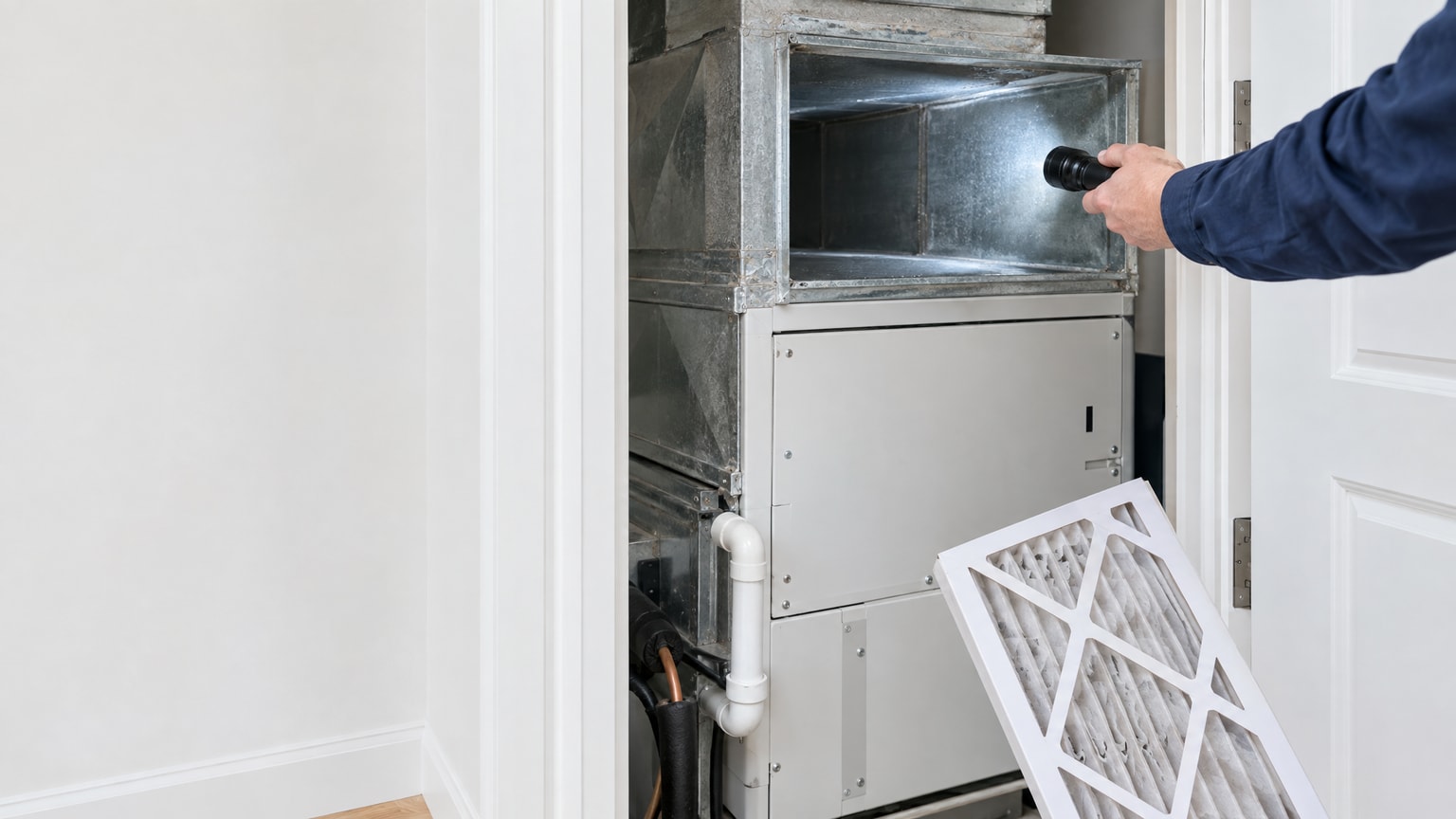 HVAC technician inspecting ductwork and equipment