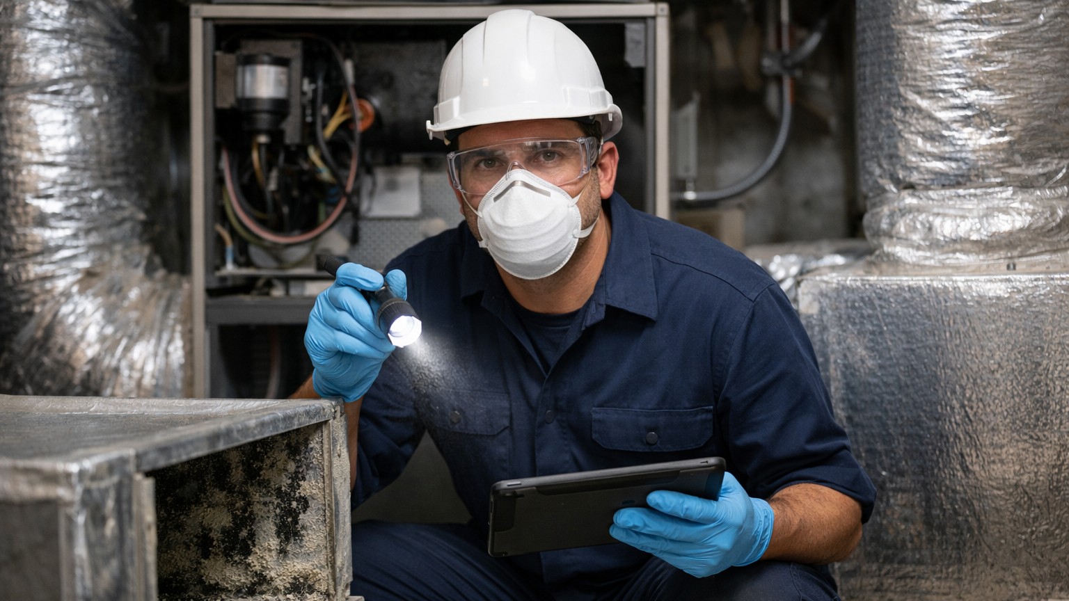 HVAC technician inspecting ductwork and equipment