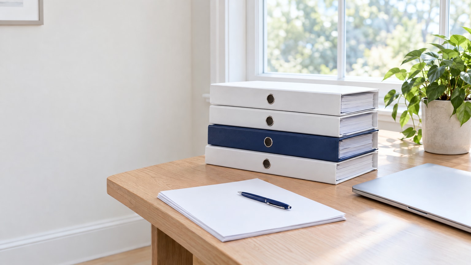 Reference binders, blank notes and a laptop on a bright research desk