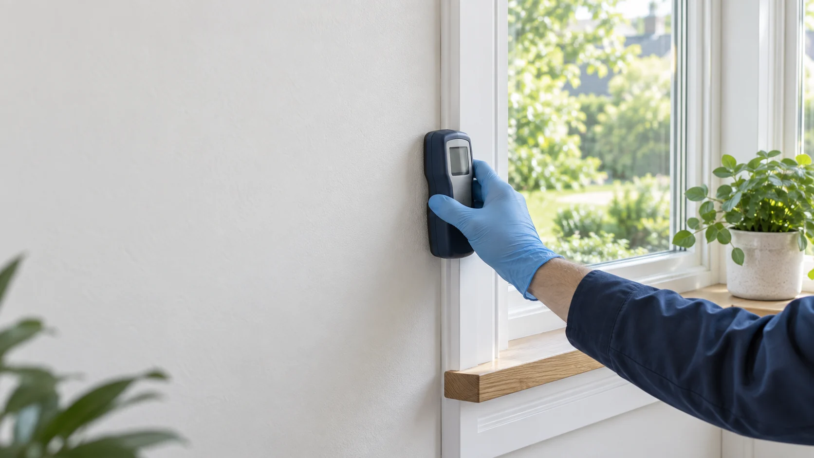 A moisture meter checking the wall beside a bright home window