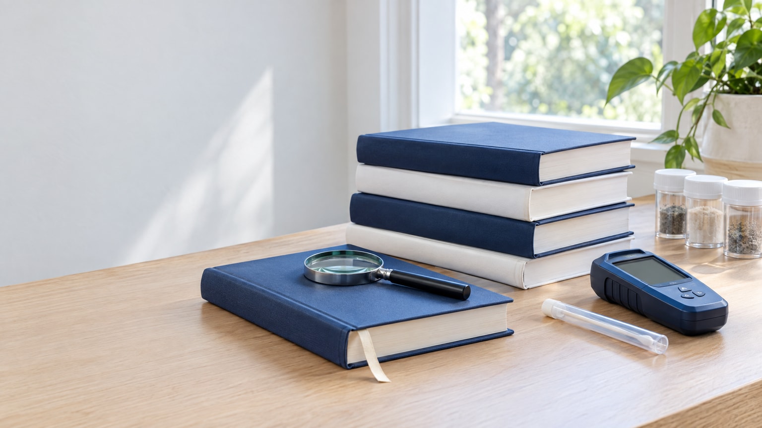 Open dictionary and reference books with mold testing tools, magnifying glass, and labeled sample jars, representing clear definitions of mold, testing, health, and remediation terms