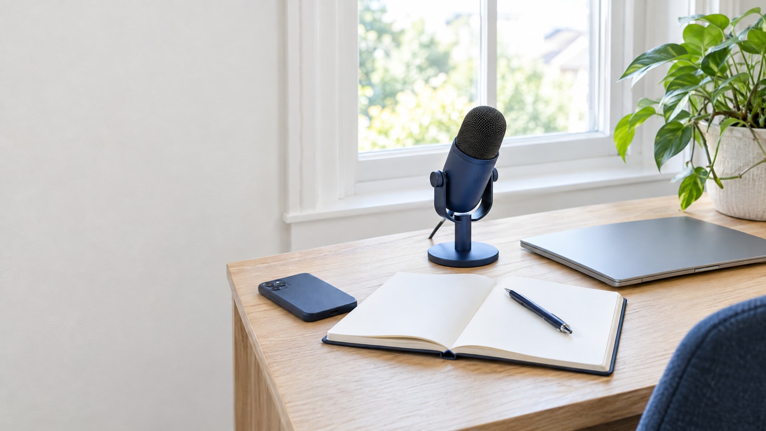 A desk with an open notebook, a pen, a phone and a small microphone