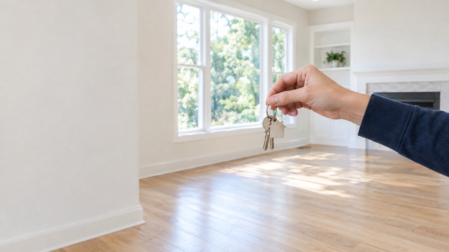 A hand holding house keys in a bright, empty living room