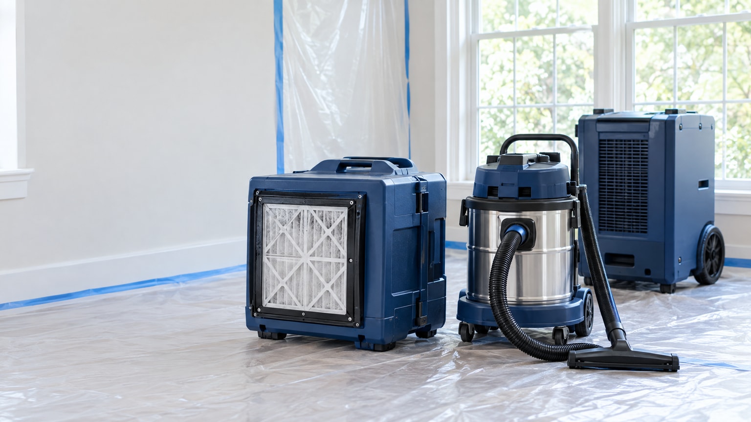Professional mold remediation equipment including air scrubber and HEPA vacuum