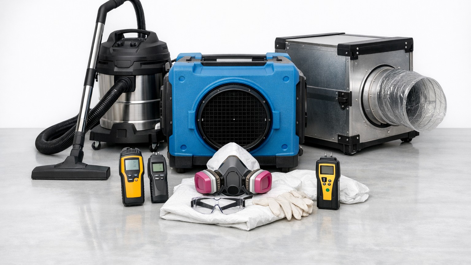 Professional mold remediation equipment including air scrubber and HEPA vacuum