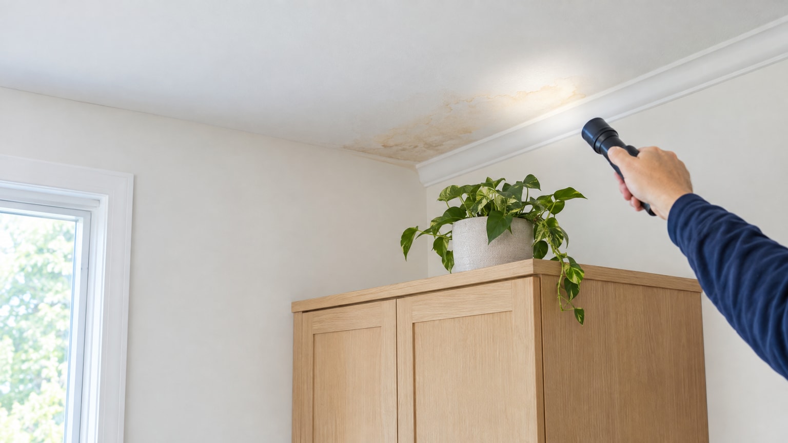 Water stains on ceiling from roof leak