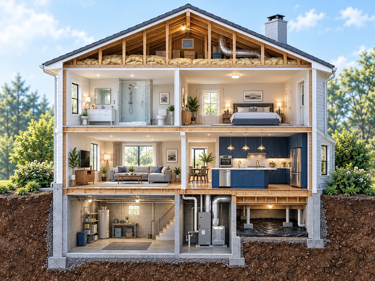 Whole-home cutaway with an attic, upstairs rooms, kitchen, basement, HVAC equipment, and crawlspace