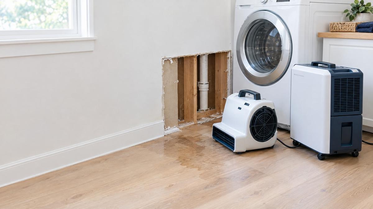 Drying equipment beside a wall opened after a leak