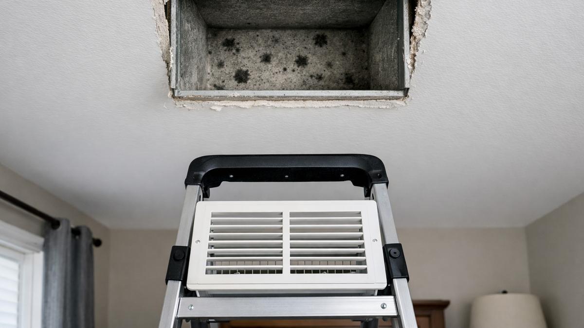 Air flowing from a ceiling vent into a bright room