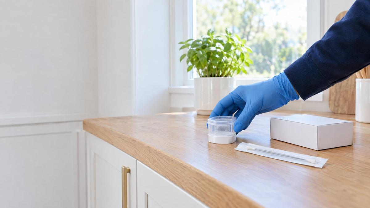 Gloved hand preparing a mold test sample
