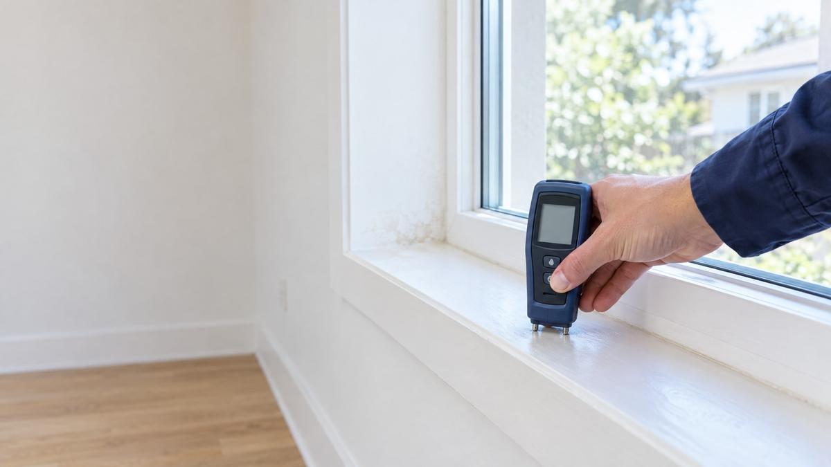 Moisture meter checking a window sill