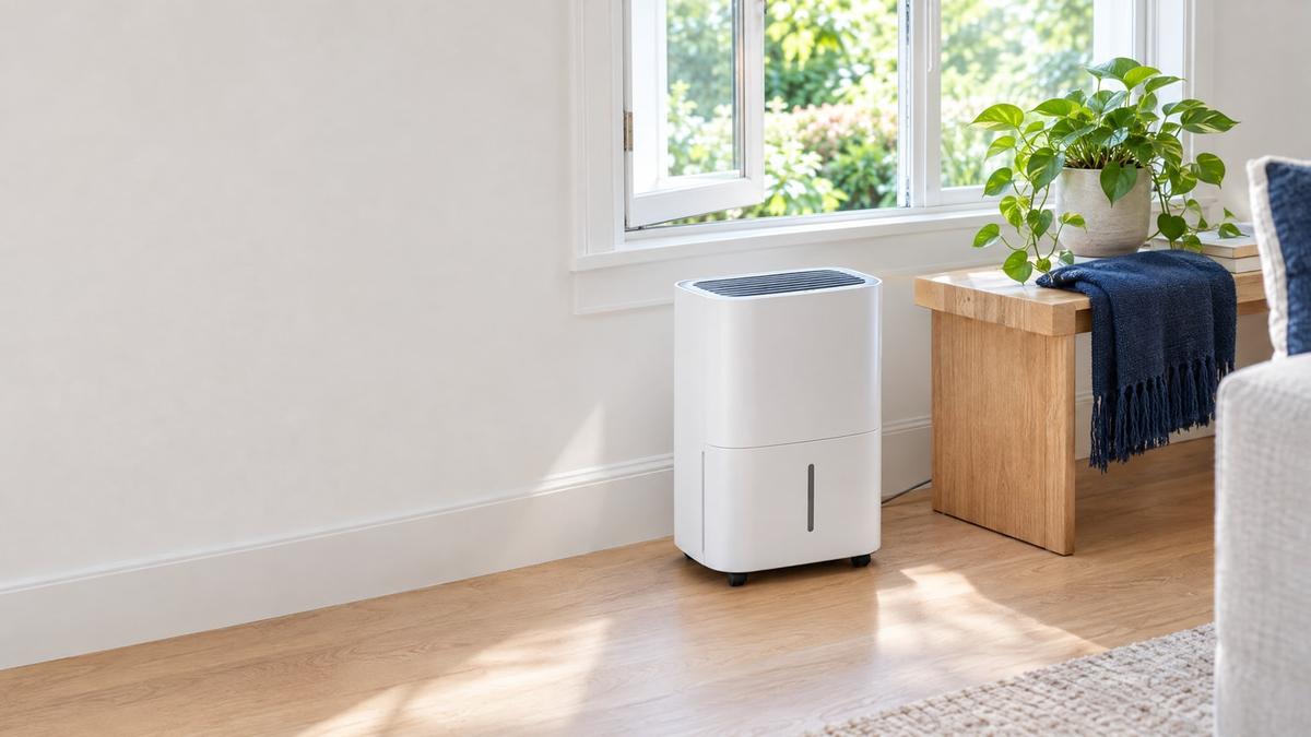 Dehumidifier in a bright, tidy living room