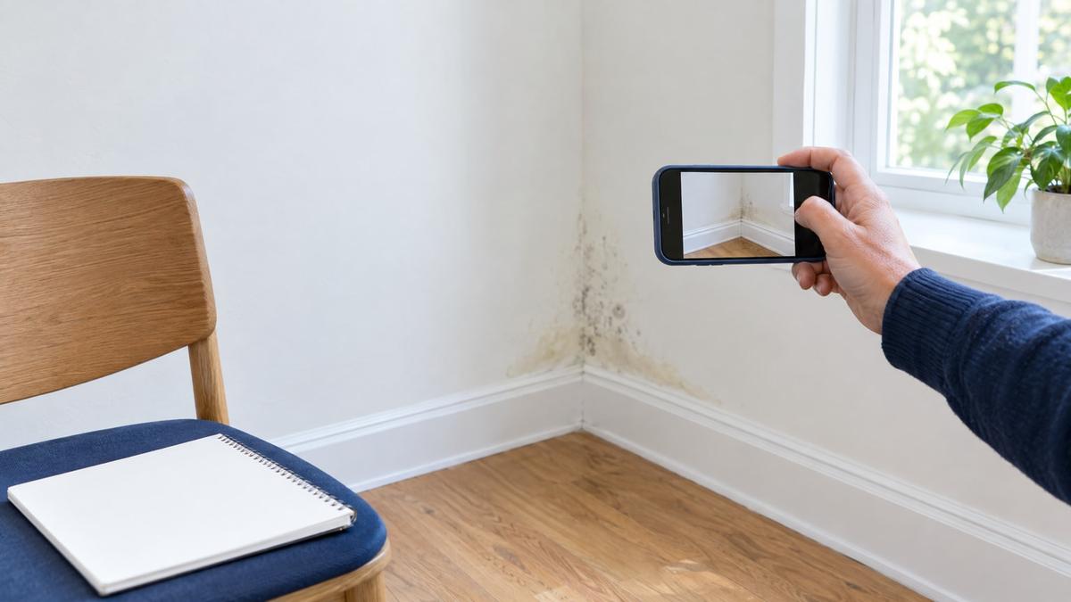 Renter photographing mold in a room corner
